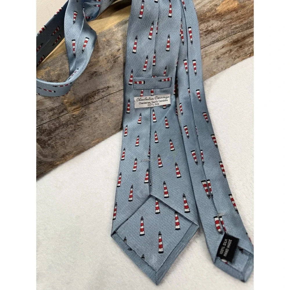 Charleston Carriage Hilton Head Island Lighthouse Silk Tie Handmade Blu Coastal